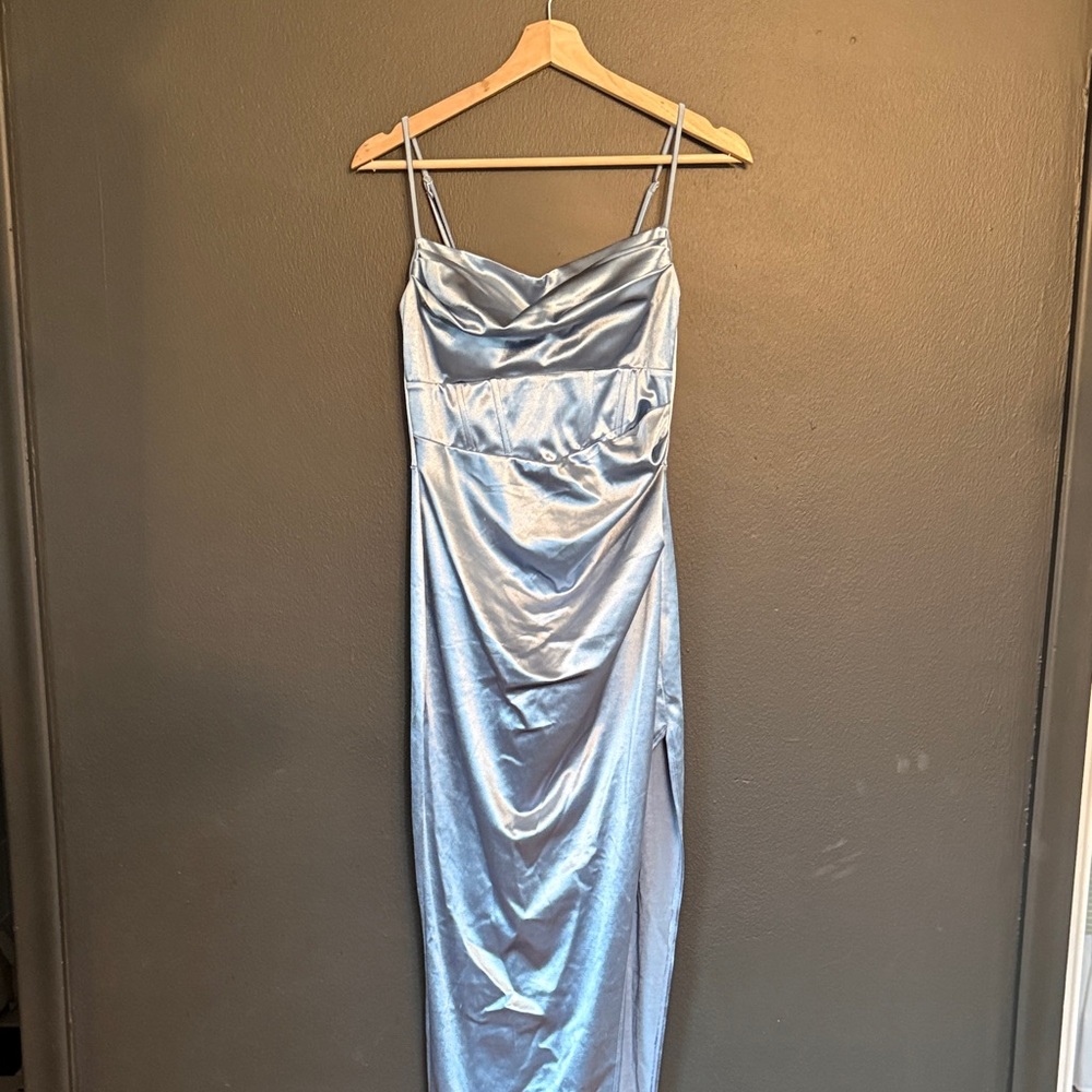 Windsor Light Blue Satin scoop neck high slit body hugging Dress